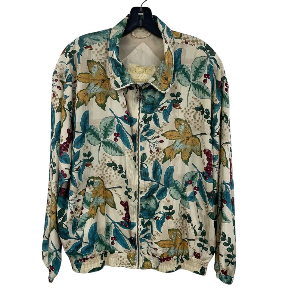 Vintage East West Silks Leaf Pattern Full Zip Pure Silk Jacket Womens Medium